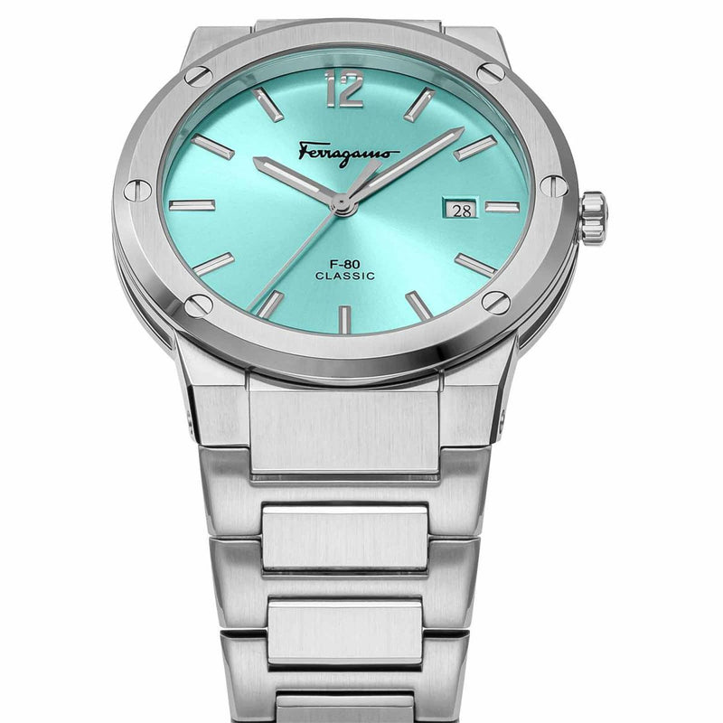 Shop Salvatore Ferragamo F-80 Classic Tiffany Blue Dial Silver Steel Strap Watch for Men - SFDT02323 in USA