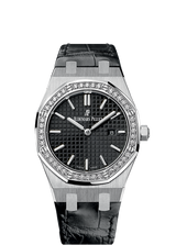 Audemars Piguet Royal Oak Quartz Diamonds Black Dial Black Leather Strap Watch for Women - 67621ST.ZZ.D002CR.01