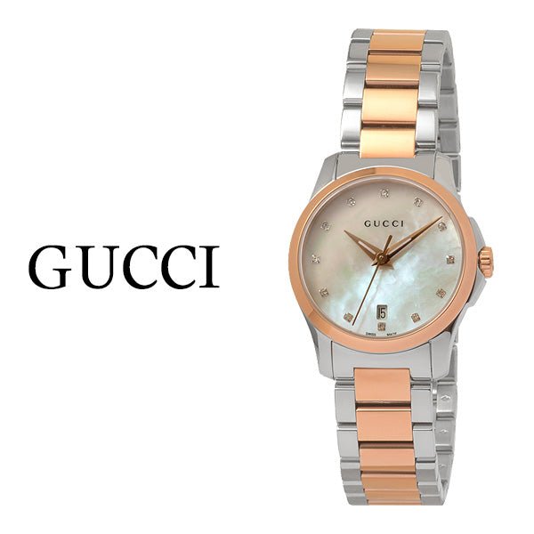 Shop Gucci G Timeless Diamonds Mother of Pearl Dial Two Tone Steel Strap Watch For Women - YA126544 in USA
