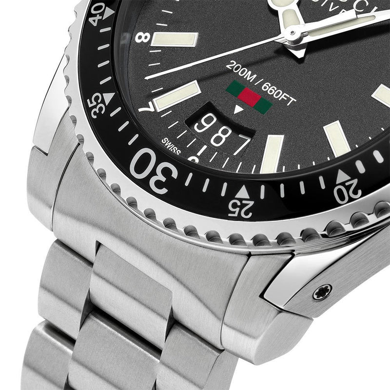 Shop Gucci Dive Quartz Black Dial Silver Steel Strap Watch For Men - YA136301 in USA