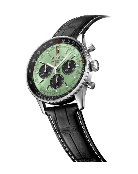 Shop Breitling Navitimer B01 Chronograph 43 Green Dial Black Leather Strap Watch for Men - AB0138241L1P1 in USA