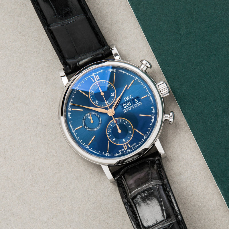 IWC Portofino Chronograph Blue Dial Black Leather Strap Watch for Men - IW391036 Buy Now By IWC