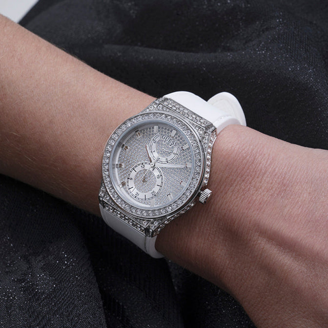 Guess Princess Crystals Silver Dial White Silicone Strap Watch For Women - GW0439L1 Buy Now By Guess