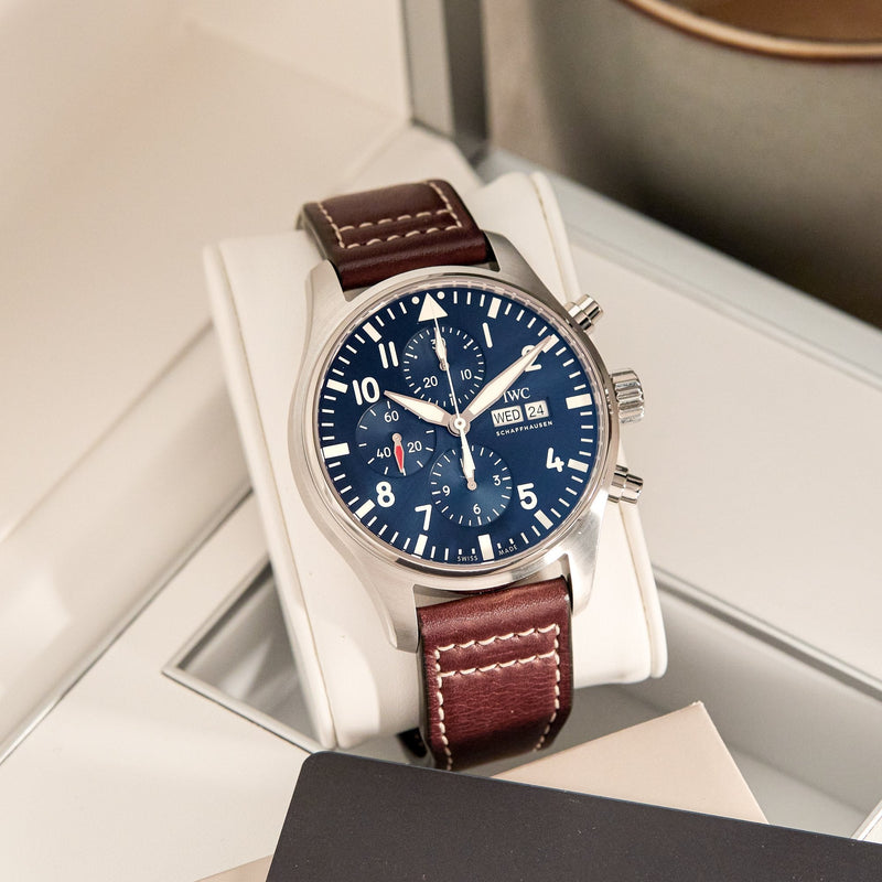 Shop IWC Pilot’s Watch Chronograph Edition “Le Petit Prince” Blue Dial Brown Leather Strap Watch for Men - IW377714 in USA