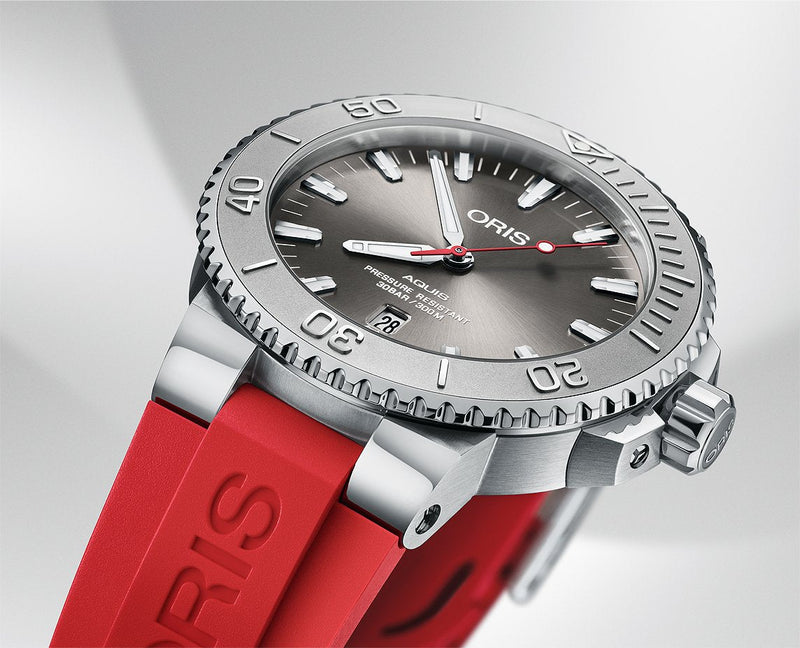 Oris Aquis Date Relief Grey Dial Red Rubber Strap Watch for Men - 0173377304153-0742466EB Buy Now By Oris