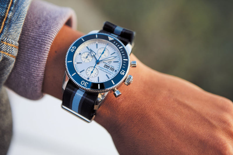 Breitling Superocean Heritage Chronograph 44 Ocean Conservancy Silver Dial Two Tone NATO Strap Watch for Men - A133131A1G1W1
