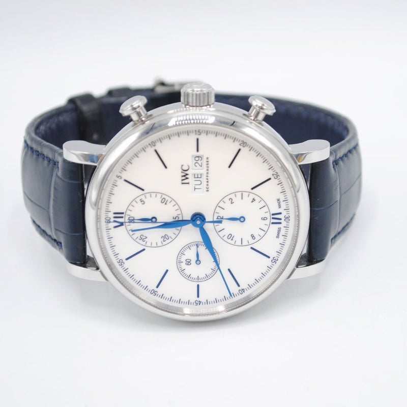 Shop IWC Portofino Chronograph White Dial Black Leather Strap Watch for Men - IW391024 in USA