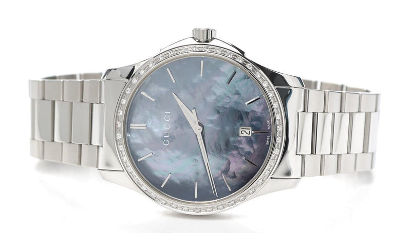 Shop Gucci G Timeless Diamonds Mother of Pearl Blue Dial Silver Steel Strap Unisex Watch - YA126458 in USA