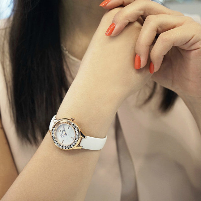 Shop Swarovski Lovely Crystals Mother of Pearl Dial White Leather Strap Watch for Women - 5242904 in USA