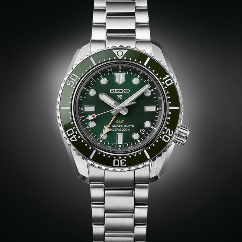Shop Seiko Prospex GMT Divers Automatic Marine Green Dial Silver Steel Strap Watch For Men - SPB381J1 in USA