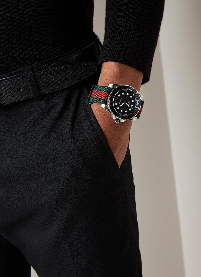 Shop Gucci Dive Black Dial Red & Green Nylon Strap Watch For Men - YA136209 in USA