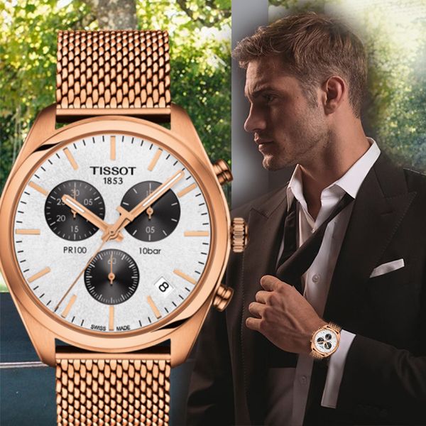 Tissot T Classic PR 100 Chronograph Silver Dial Rose Gold Mesh Bracelet Watch For Men - T101.417.33.031.01 Buy Now By Tissot