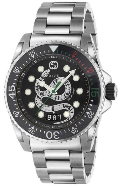 Shop Gucci Dive Snake Black Dial Silver Steel Strap Watch For Men - YA136218 in USA