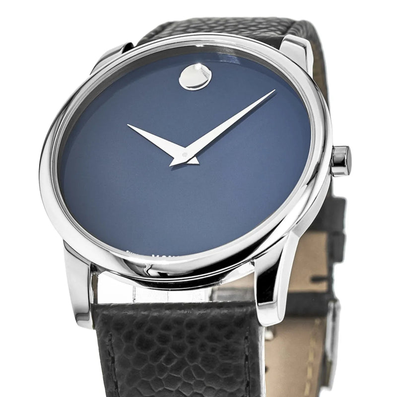 Movado Museum Blue Dial Black Leather Strap Watch For Men - 607013 Buy Now By Movado