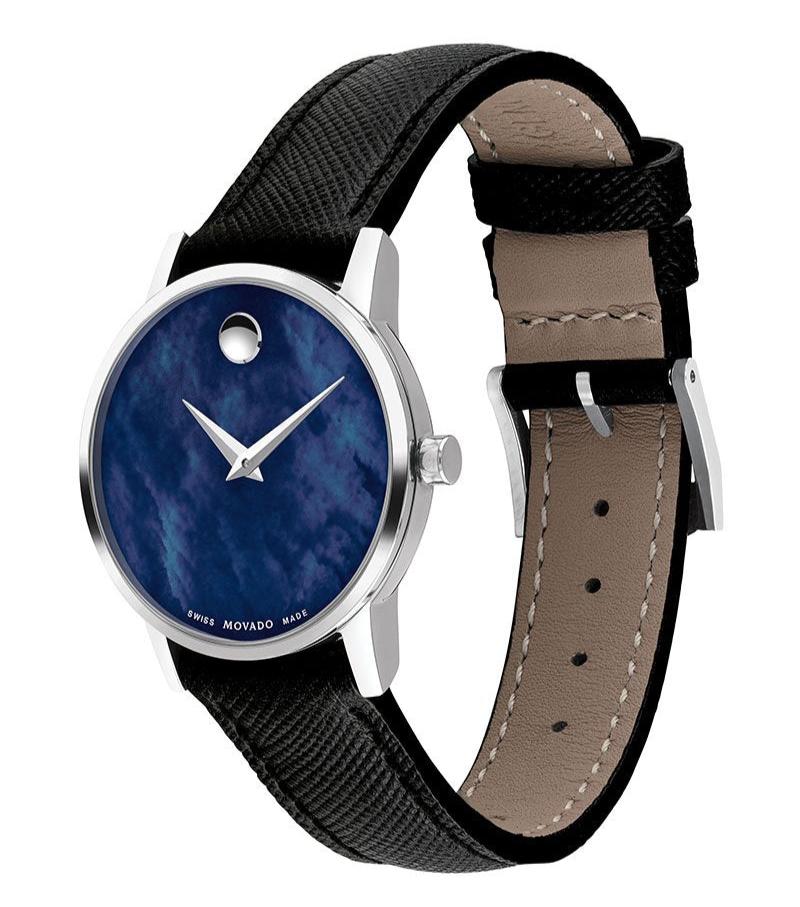 Movado Museum Blue Dial Black Leather Strap Watch For Men - 2100009 Buy Now By Movado