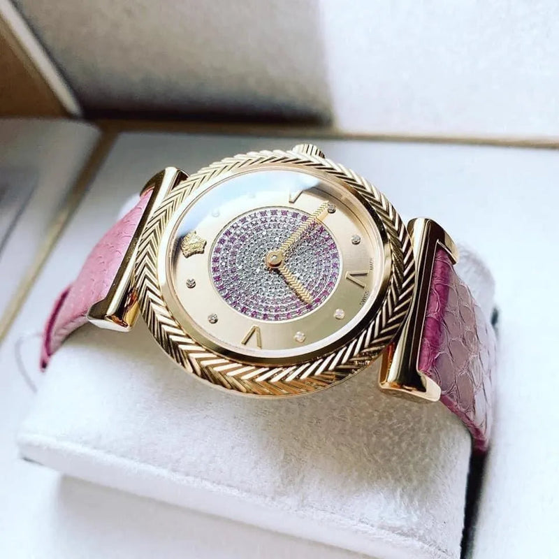 Versace V-Motif Vintage Logo Diamonds Gold Dial Pink Leather Strap Watch for Women - VERE01118 Buy Now By Versace