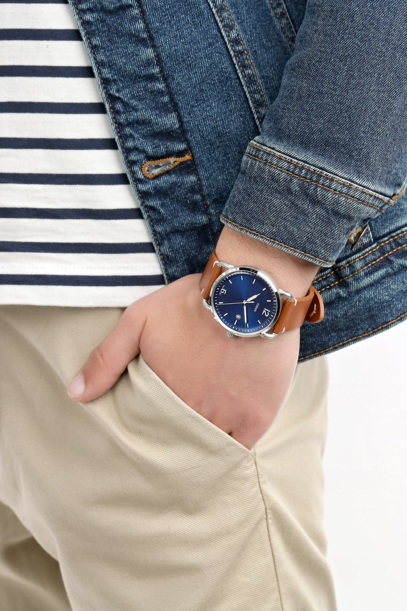 Shop Fossil Commuter Blue Dial Blue Leather Strap Watch for Men - FS5325 in USA