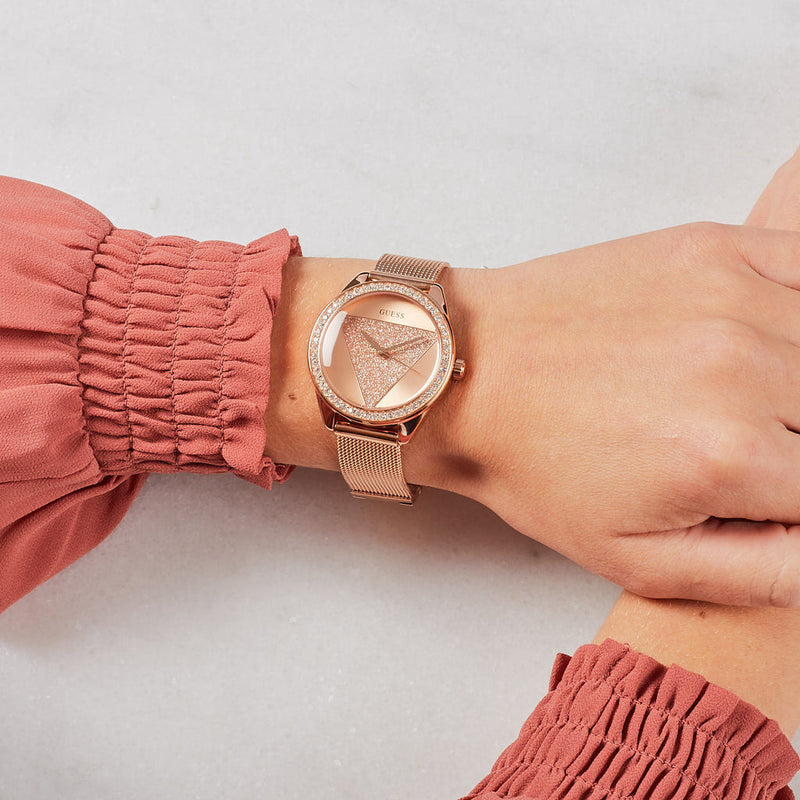 Shop Guess Tri Glitz Quartz Diamonds Rose Gold Dial Rose Gold Mesh Bracelet Watch For Women - W1142L4 in USA