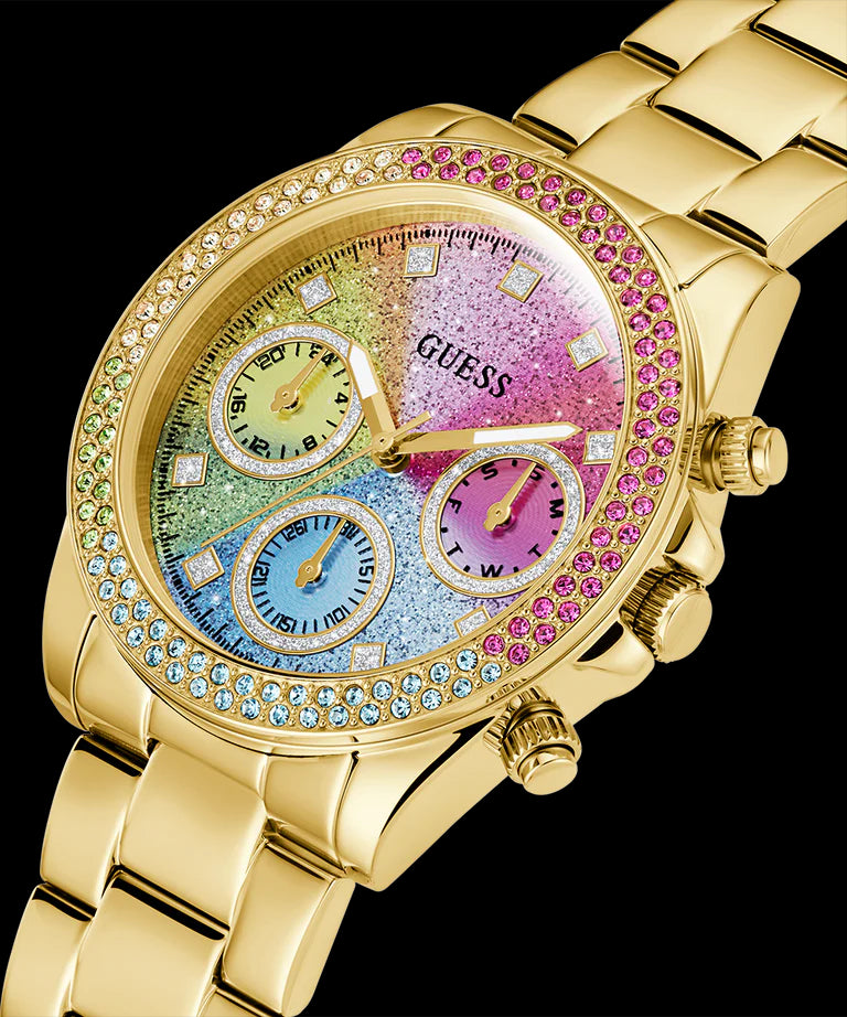 Guess Confetti Chronograph Rainbow Dial Gold Steel Strap Watch For Women  - GW0483L4
