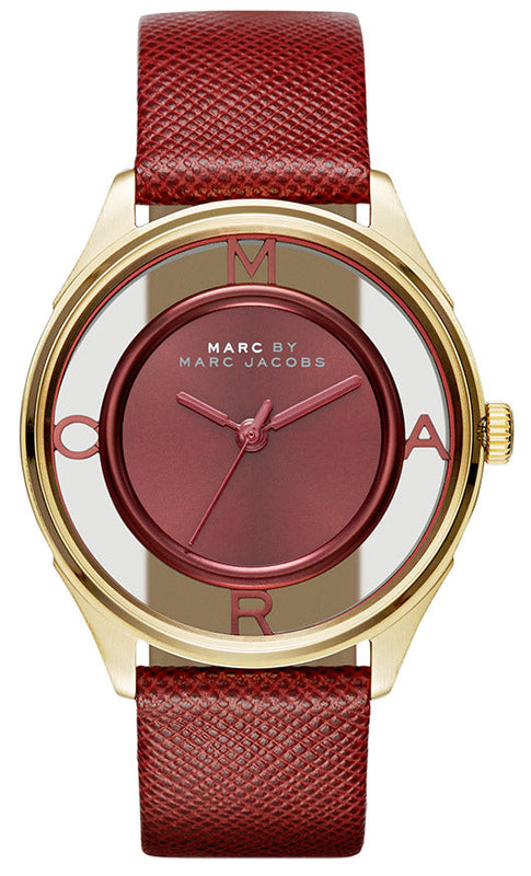 Marc Jacobs Tether Transparent Red Dial Red Leather Strap Watch for Women - MBM1377