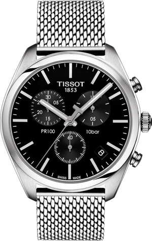 Tissot PR 100 Chronograph Black Dial Silver Mesh Bracelet Watch For Men - T101.417.11.051.01