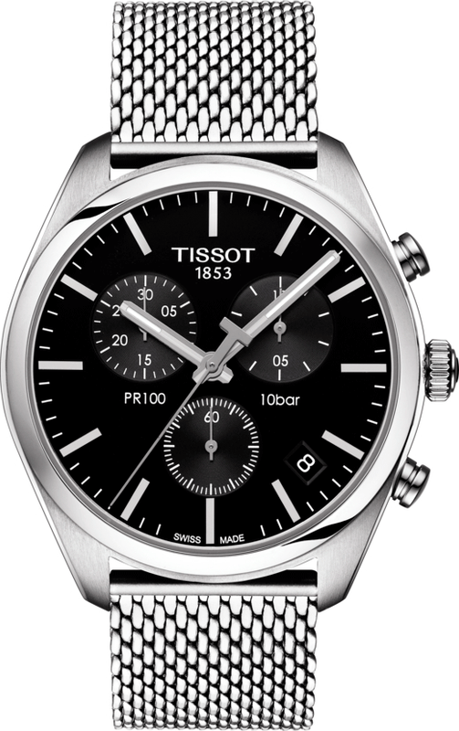 Tissot PR 100 Chronograph Black Dial Silver Mesh Bracelet Watch For Men - T101.417.11.051.01