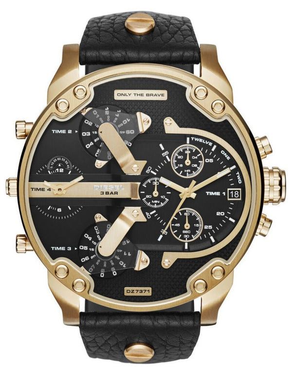 Shop Diesel Mr Daddy Black & Gold Dial Black Leather Strap Watch For Men - DZ7371 in USA