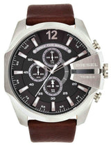 Shop Diesel Mega Chief Black & Silver Round Dial Brown Leather Strap Watch For Men - DZ4290 in USA