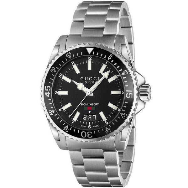 Shop Gucci Dive Quartz Black Dial Silver Steel Strap Watch For Men - YA136301 in USA