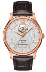 Tissot Tradition Powermatic 80 Open Heart Silver Dial Brown Leather Strap Watch For Men - T063.907.36.038.00 Buy Now By Tissot