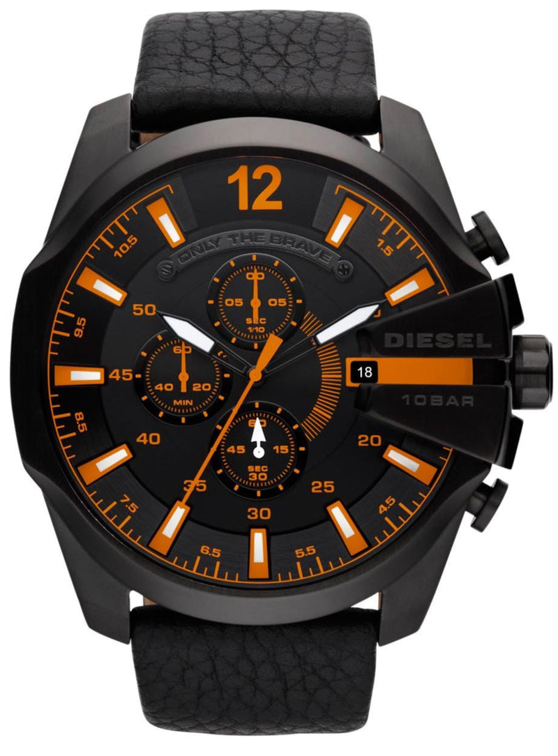 Diesel Mega Chief Chronograph Black Dial Black Leather Strap Watch For Men - DZ4291 Buy Now By Diesel