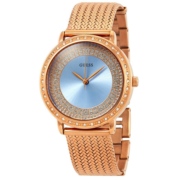 Shop Guess Willow Crystal Blue Dial Rose Gold Mesh Bracelet Watch For Women - W0836L1 in USA