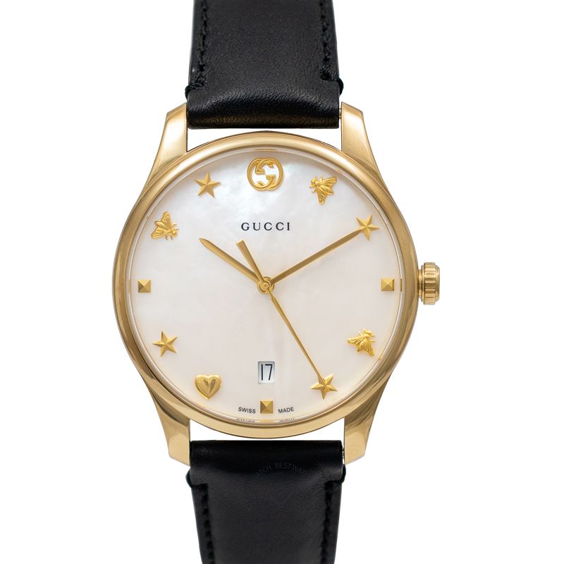 Gucci G-Timeless Mother of Pearl Dial Black Leather Strap Watch For Women - YA1264044 Buy Now By Gucci