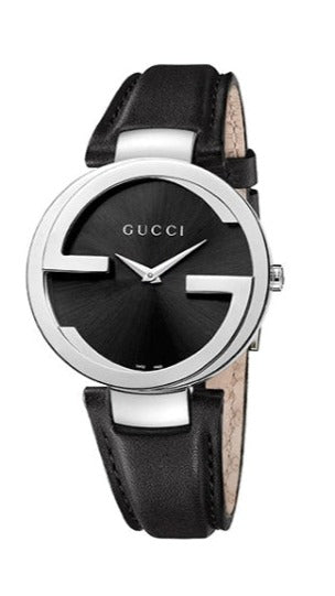 Gucci G Interlocking Black Dial Black Leather Strap Watch For Women - YA133501 Buy Now By Gucci