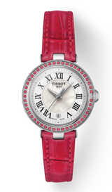 Shop Tissot Bellissima Small Lady Diamonds Mother of Pearl Dial Red Leather Strap Watch For Women - T126.010.66.113.00 in USA