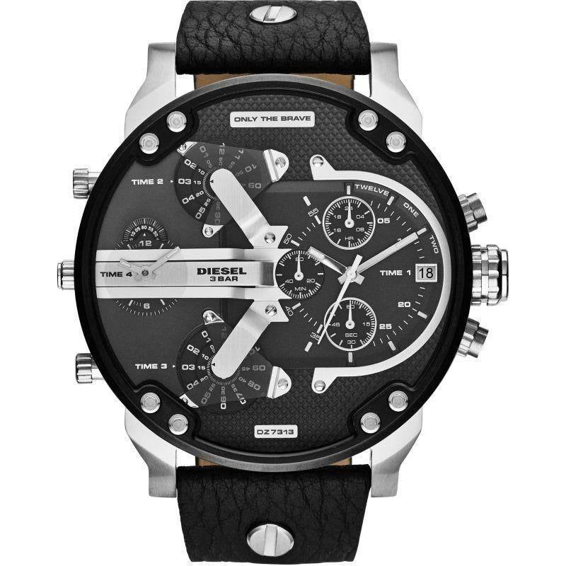 Shop Diesel Mr Daddy Black Dial Black Leather Strap Watch For Men - DZ7313 in USA
