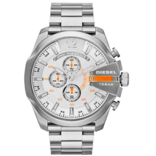 Shop Diesel Mega Chief Quartz Chronograph White Dial Steel Strap Watch For Men - DZ4328 in USA
