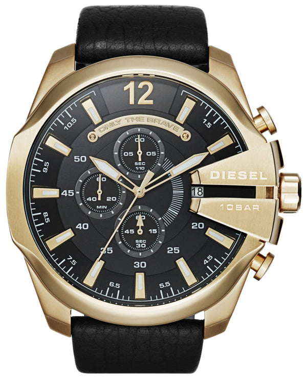 Diesel Mega Chief Chronograph Black Dial Black Leather Strap Watch For Men - DZ4344 Buy Now By Diesel