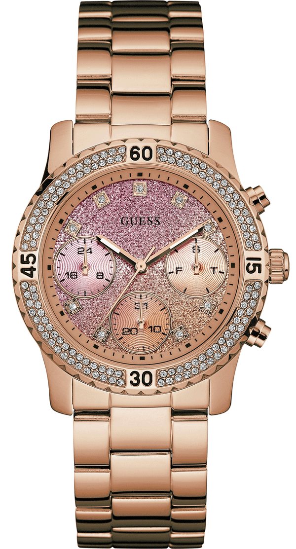 Shop Guess Confetti Pink Dial Rose Gold Steel Strap Watch For Women - W0774L3 in USA