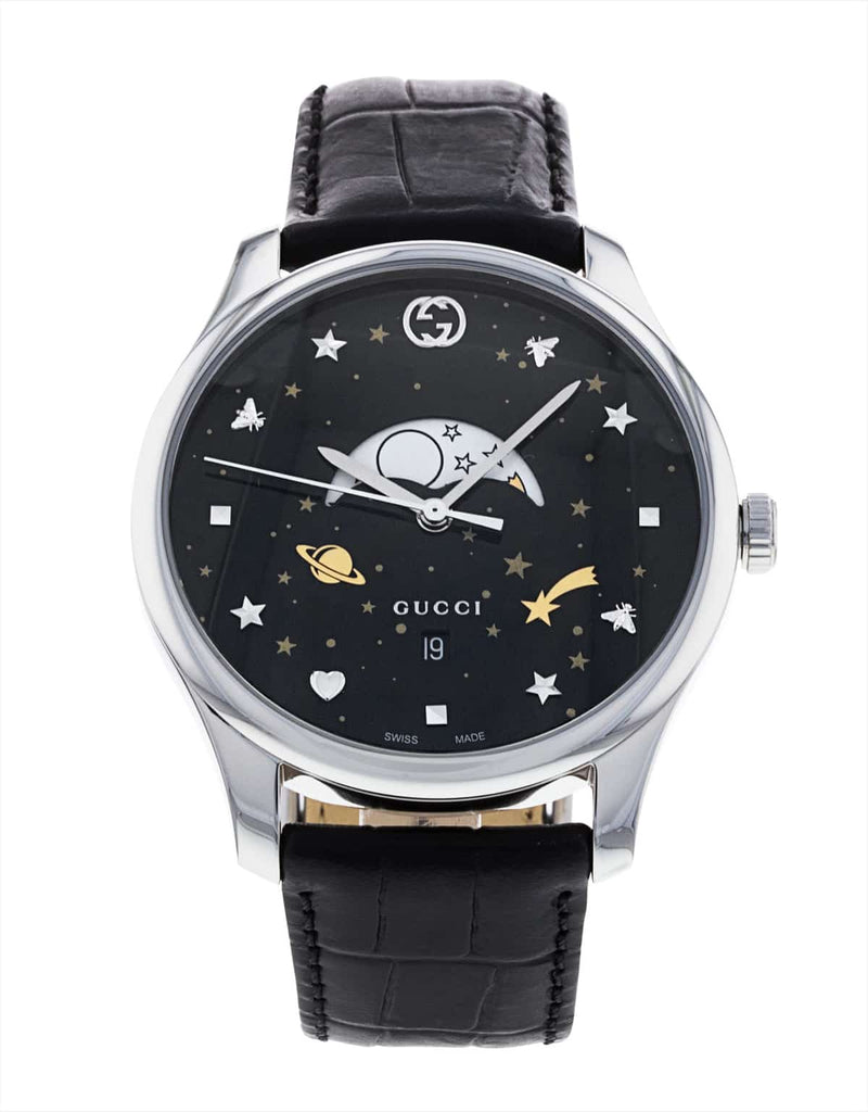 Shop Gucci G-Timeless Moonphase Black Dial Black Leather Strap Watch For Men - YA126327 in USA