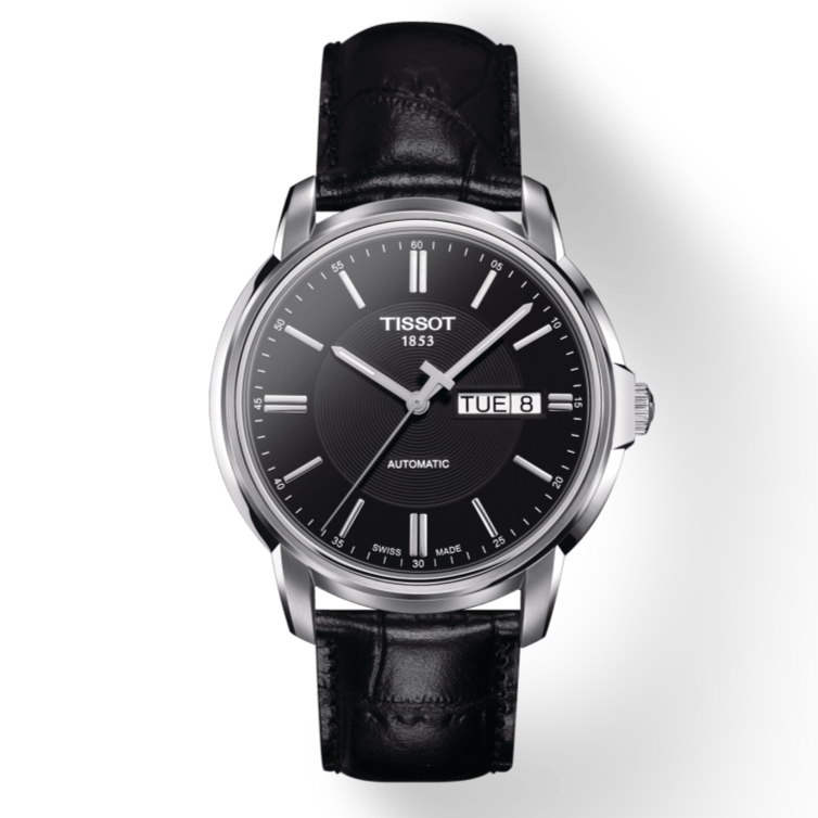 Tissot Automatics III Day Date Black Dial Black Leather Strap Watch For Men - T065.430.16.051.00 Buy Now By Tissot