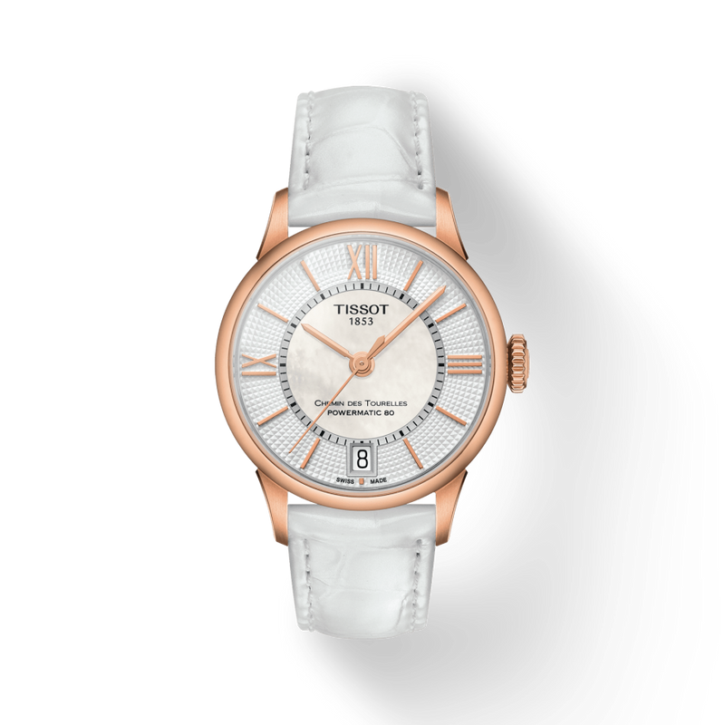 Tissot Chemin Des Tourelles Powermatic 80 Lady Silver Dial White Leather Strap Watch For Women - T099.207.36.118.00 Buy Now By Tissot