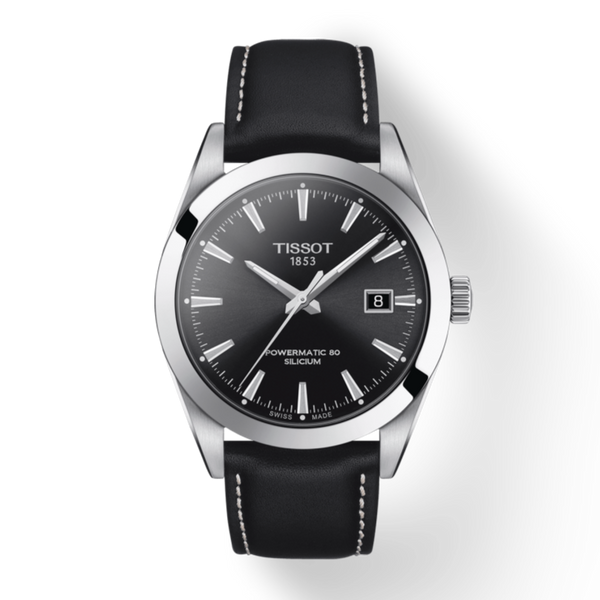Tissot Gentleman Powermatic 80 Silicium Black Dial Black Leather Strap Watch For Men - T127.407.16.051.00