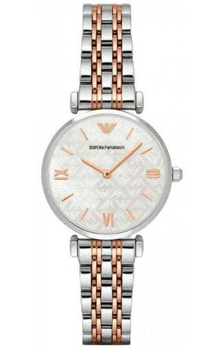 Emporio Armani Gianni T-Bar Mother of Pearl Dial Two Tone Steel Strap Watch For Women - AR1987