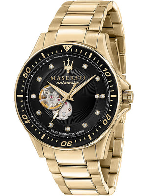 Maserati SFIDA Black Dial Yellow Gold Toned Stainless Steel Watch For Men - R8823140003