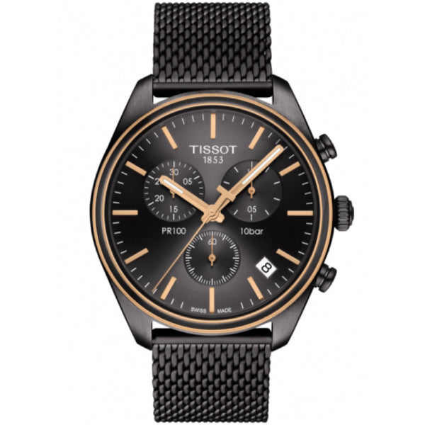 Shop Tissot T Classic PR 100 Chronograph Anthracite Black Dial Black Mesh Bracelet Watch For Men - T101.417.23.061.00 in USA