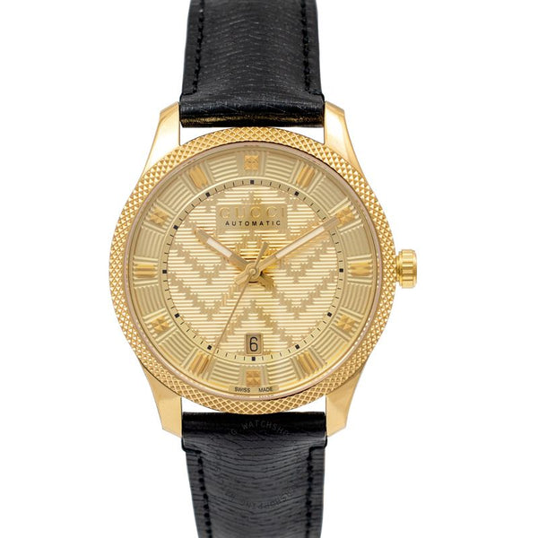 Shop Gucci Eryx Automatic Chevron Gold Dial Black Leather Strap Watch For Men - YA126340 in USA