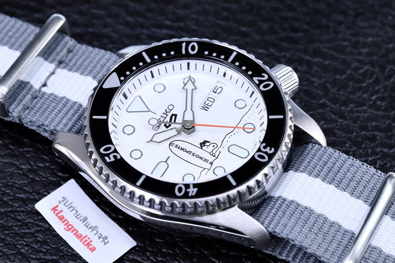 Seiko 5 Sports x Peanuts Surfboard Snoopy Limited Edition White Dial Two Tone NATO Strap Watch For Men - SRPK25K1 Buy Now By Seiko