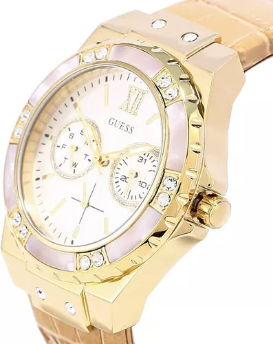 Guess Limelight Quartz Silver Dial Golden Leather Strap Watch For Women - W0775L2 Buy Now By Guess