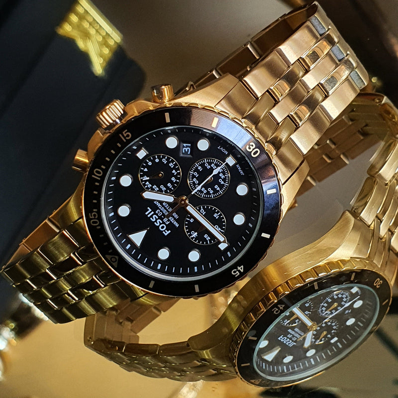 Fossil FB-01 Chronograph Black Dial Gold Steel Strap Watch for Men - FS5836